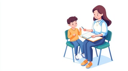 A teacher engages with a young student, fostering a love for learning in a bright, educational setting with colorful illustrations.