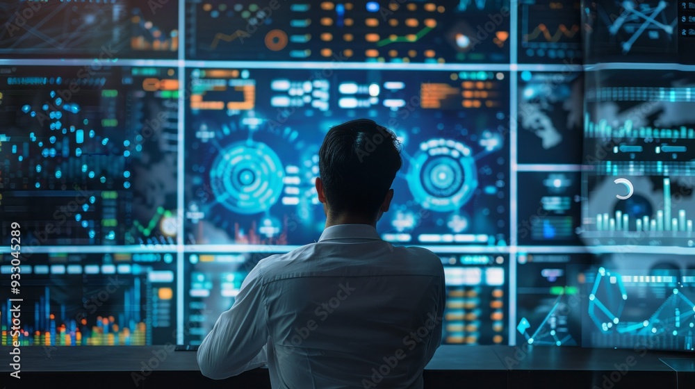Poster A person studies dynamic data displays on a large screen in a high-tech analytical space