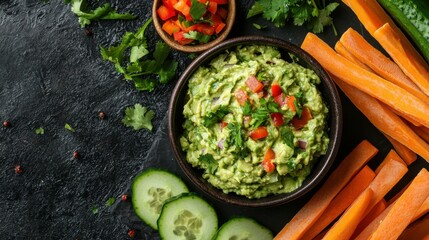 Guacamole Dip with Carrot Sticks, Cucumber, and Cilantro