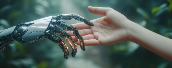 Close-up of a human hand reaching out to touch a robotic hand, symbolizing the connection between humanity and technology. symbolizing the fusion of technology and originality