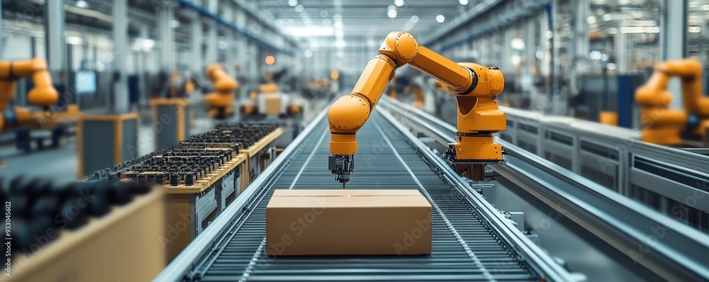 Poster advanced ai-driven machines in a manufacturing plant optimizing workflow. industrial robotic arms in