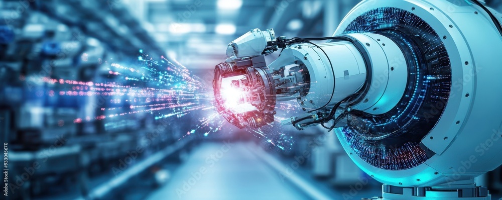 Poster close-up of a high-tech robotic machine using a laser to perform precise operations in a futuristic 