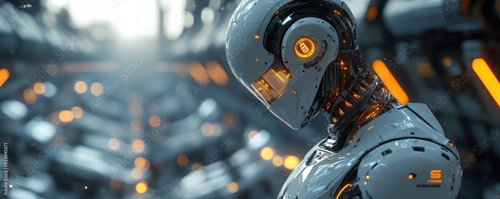 Poster close-up of a futuristic robot with glowing orange lights, standing in a high-tech manufacturing fac