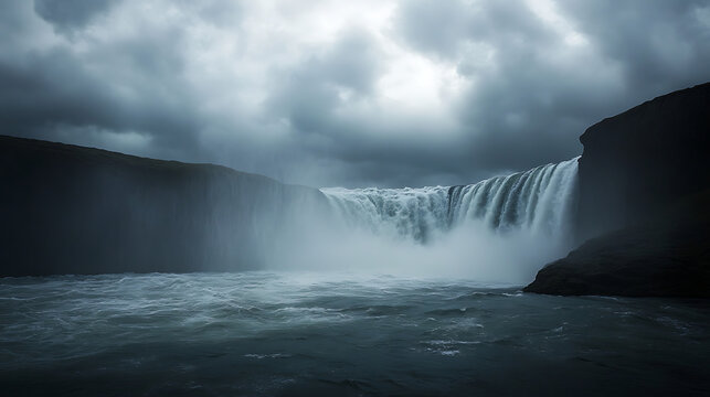 A dramatic shot of a waterfall under a cloudy sky, with a photographer braving the elements to get the perfect shot, emphasizing the power of nature.  - Powered by Adobe