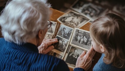 Old woman and young girl looking at old photos.