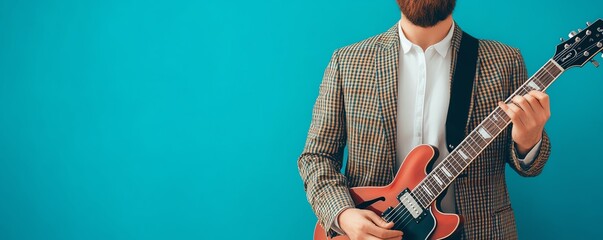 Man in suit holding an electric guitar against a blue background.