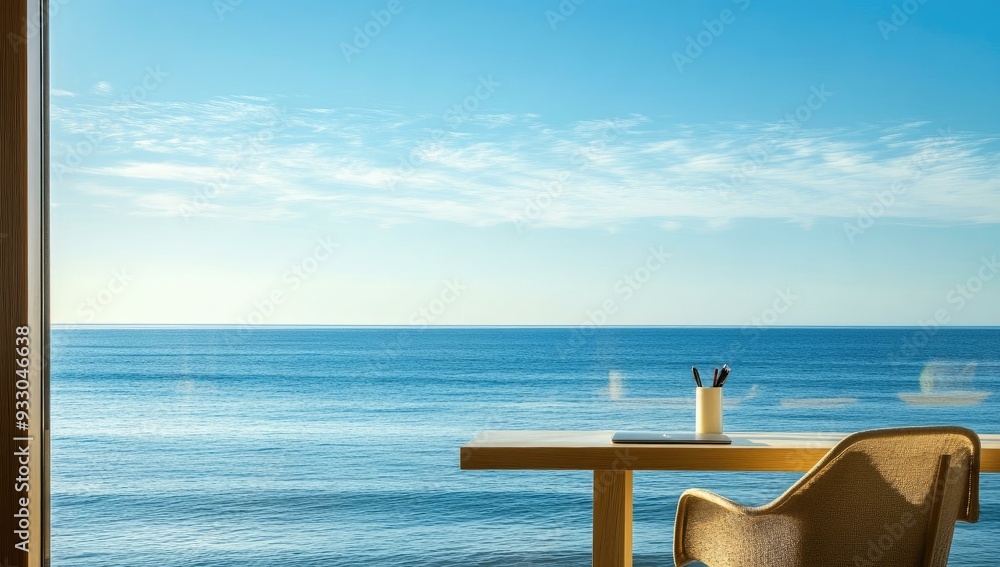 Poster ocean view from a window with a desk and chair.
