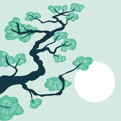 Traditional Chinese or Japanese pine tree with place for your text. Stylish card design. Vector pine illustration. Layouts for social networks, banners, posters. 