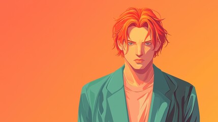 Fototapeta premium A vibrant portrait of a young man with orange hair, stylishly dressed, set against a bright gradient background.