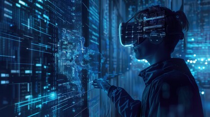 A hacker navigates a digital landscape in virtual reality, surrounded by intricate locks and flowing streams of code. Generative AI