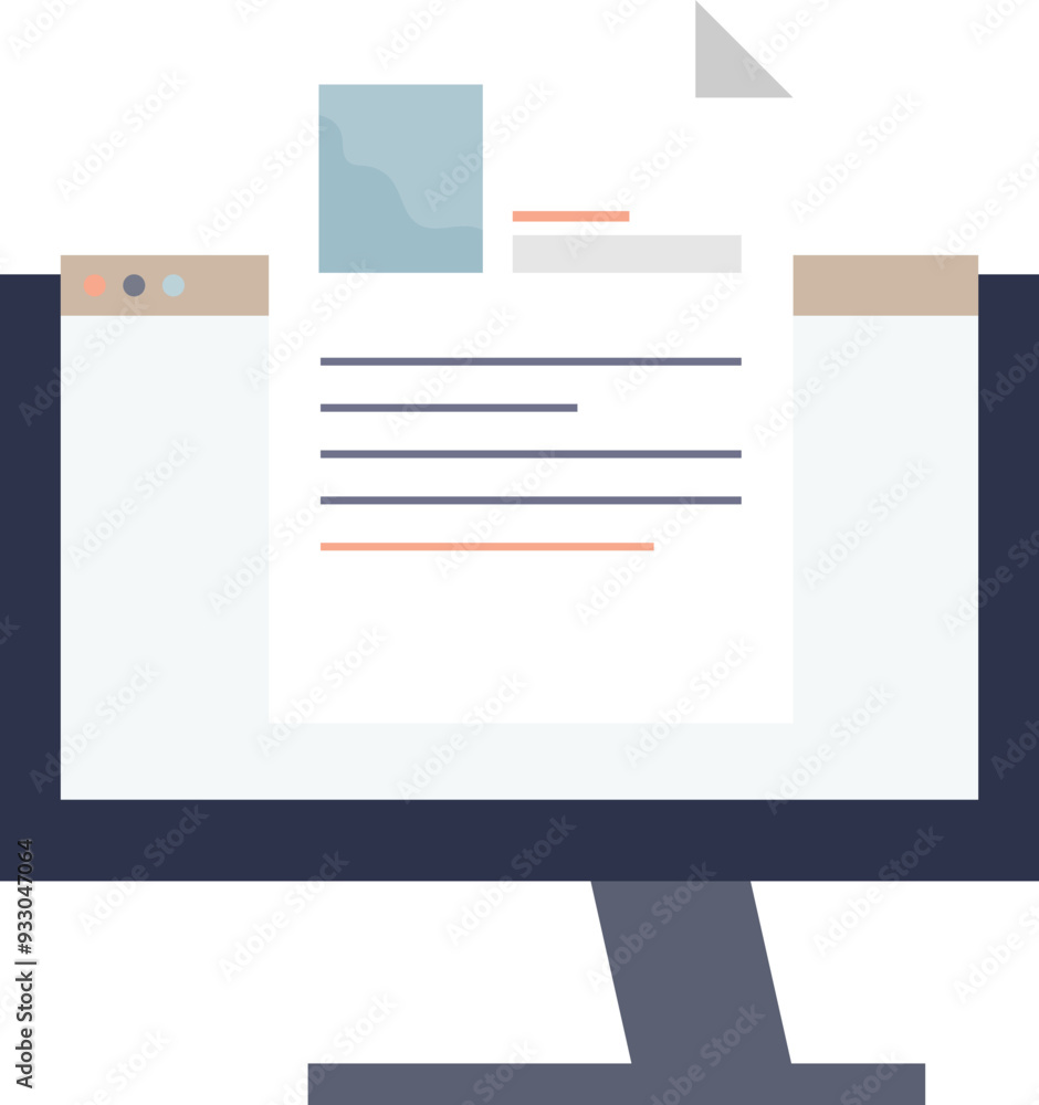 Poster flat design of a desktop monitor displaying an open document with text and image placeholders.