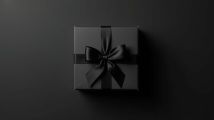 Black Friday sale concept. Top view of gift box with black bow on black background, mockup