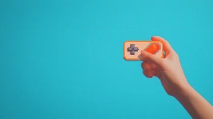 A hand holding a pixelated, 8-bit search button, rendered in a retro video game style, against a solid bright blue background, vibrant lighting enhances the nostalgic, playful mood, evoking the early