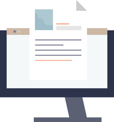 Flat design of a desktop monitor displaying an open document with text and image placeholders.