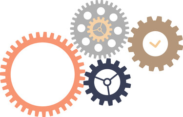 Interlocking gears in various sizes and colors symbolizing teamwork, precision, and mechanical synchronization.