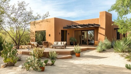 Fototapeta premium Desert home patio with cacti and lounge chairs.