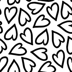 Black hearts outline on white background seamless pattern. Hearts line art, sketch. Love black and white background. Valentine's day, mother's day, wedding, birthday texture, wallpaper.