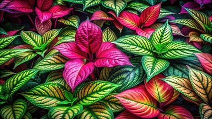 Vibrant hues of verdant green and pink dance across the canvas, a lush botanical tapestry of abstract shapes and swirling patterns, evoking the whimsy of nature.