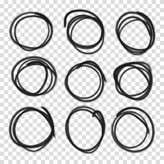 Hand drawn circle or oval line sketch set. Hand drawing circular scribble doodle round circles. Vector illustration for message note mark design element on an isolated white background.