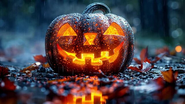 Jack-o-lantern scary spooky Halloween scene. Rainy day. Halloween pumpkin patch in the moonlight. Jack O Lantern party. Horizontal banner, Halloween night decorative with bat and moon background 31st 