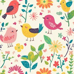 Obraz premium Whimsical Children's Seamless Pattern with Birds and Flowers: Colorful Cartoon Design for Wrapping Paper, Greeting Cards, and Invitations. Playful Floral and Avian Motifs Perfect for Kids' Room Decor,