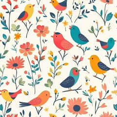 Whimsical Children's Seamless Pattern with Birds and Flowers: Colorful Cartoon Design for Wrapping Paper, Greeting Cards, and Invitations. Playful Floral and Avian Motifs Perfect for Kids' Room Decor,