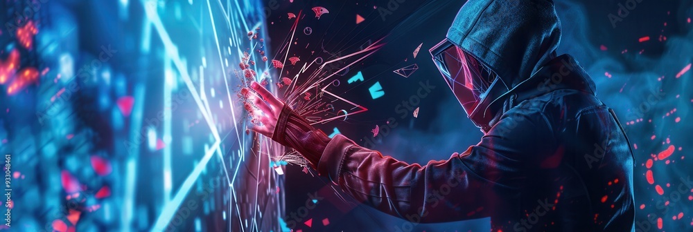 Poster A hacker breaches a digital shield, scattering fragments and illustrating the complexities of cybersecurity challenges and penetration testing. Generative AI