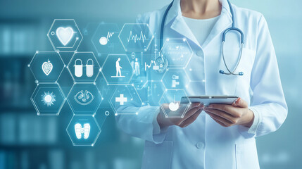 Medical technology, online health, virtual hospital, telemedicine concept. Doctor working on digital tablet computer, electronic health record with icons on virtual screen
