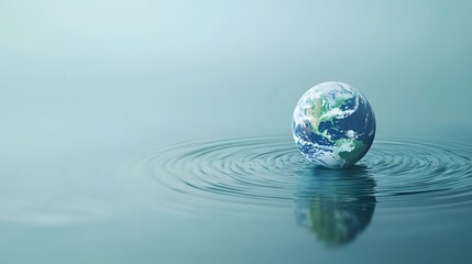 An Earth floating in a drop of water, ripples expanding outwards, gradient background from deep navy to light aqua, intricate details in the water drop and globe, lighting is soft with gentle
