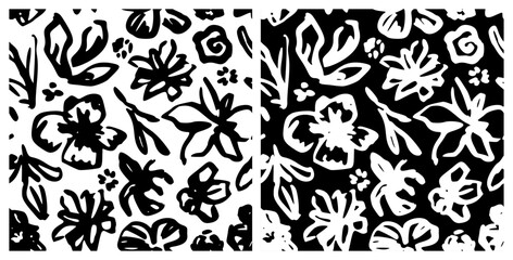 Abstract Black, White Floral Pattern with Ink Hand Drawn Flowers. Monochrome Freehand Ditsy Chamomile, Peony, Rose, Bloom Wallpaper. Pretty Brush Stroke Flower Seamless Pattern. Tropical Foliage Print