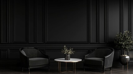 Modern black interior design of a classic living room with armchairs