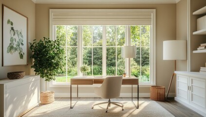 Modern home office with large window, desk, and chair.