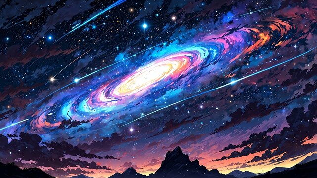 High contrast anime breathtaking grey cosmic nebula swirling with vibrant background