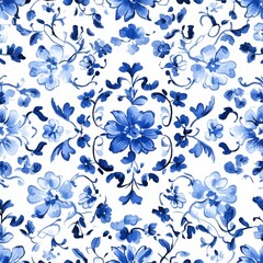 Fototapeta premium Elegant Delft Blue Seamless Pattern: Traditional Dutch Hand-Drawn Floral Design for Packaging, Invitations, and Home Decor. Timeless Blue and White Motifs Inspired by Cultural Heritage, Perfect for Gr
