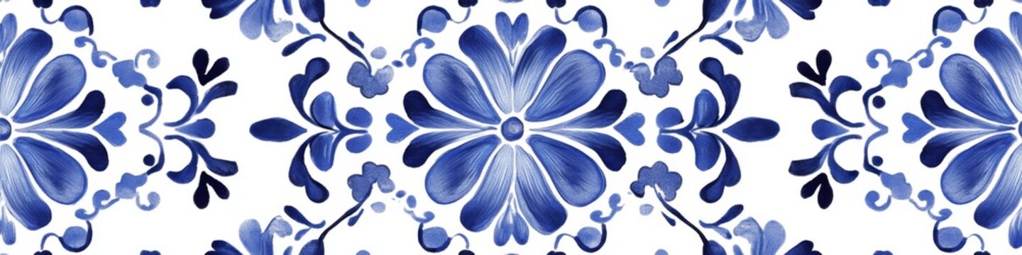 Elegant Delft Blue Seamless Pattern: Traditional Dutch Hand-Drawn Floral Design for Packaging, Invitations, and Home Decor. Timeless Blue and White Motifs Inspired by Cultural Heritage, Perfect for Gr