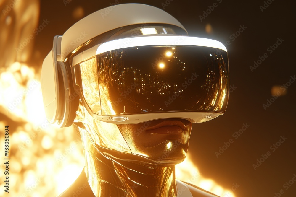 Poster futuristic robot with a vr headset glowing in warm light representing the fusion of artificial intel