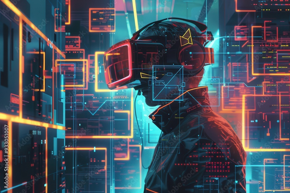 Poster a hacker navigates a vibrant virtual environment filled with digital locks and codes while wearing a