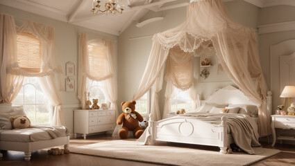 This is a pink bedroom with a bed, dresser, and other furniture.

