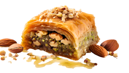 enticing shot of a sliced portion of baklava, showcasing its layers and nut filling Splashes. Generative AI.