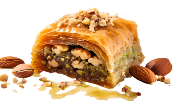 enticing shot of a sliced portion of baklava, showcasing its layers and nut filling Splashes. Generative AI.