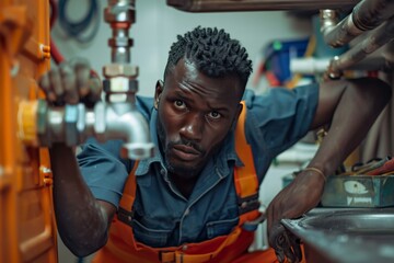Skilled black plumber performing kitchen sink maintenance and pipe repair in home
