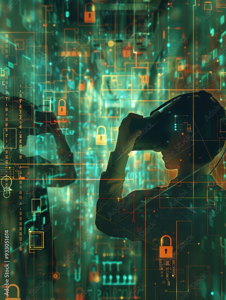 Poster a hacker navigates through a digital landscape, manipulating virtual locks and codes using a vr head