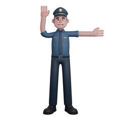 3D Police Male in Professional Setting. Police Officer Giving Traffic Signal. Cartoon