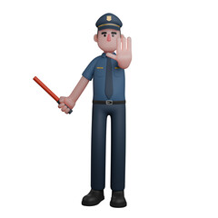 Law Enforcement Illustration. A police officer standing with one hand raised, showing the palm as if signaling to stop, while the other hand holds a red traffic baton. 3D Male Police