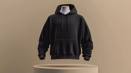 mockup 3d black plain hoodie with mannequin placed on podium, beautiful isolated neutral background