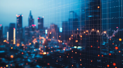 Abstract business team stands on the peak of success amid tall, innovative Smart city and graphs with statistics to analyze business potential and predict future developments in company growth.