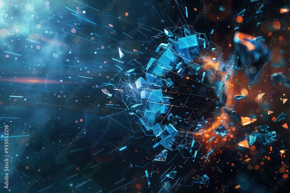 Poster A hacker penetrates a digital shield, causing protective fragments to scatter, symbolizing the ongoing battle in cybersecurity. Generative AI