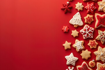 composition border frame of tasty sweet Christmas cookies on bright red background with copy space