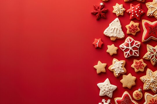 composition border frame of tasty sweet Christmas cookies on bright red background with copy space
