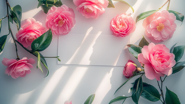 A simple white card held liy against a backdrop of delicate pink roses. Ideal for crafting beautiful invitations or greeting cards. - Powered by Adobe